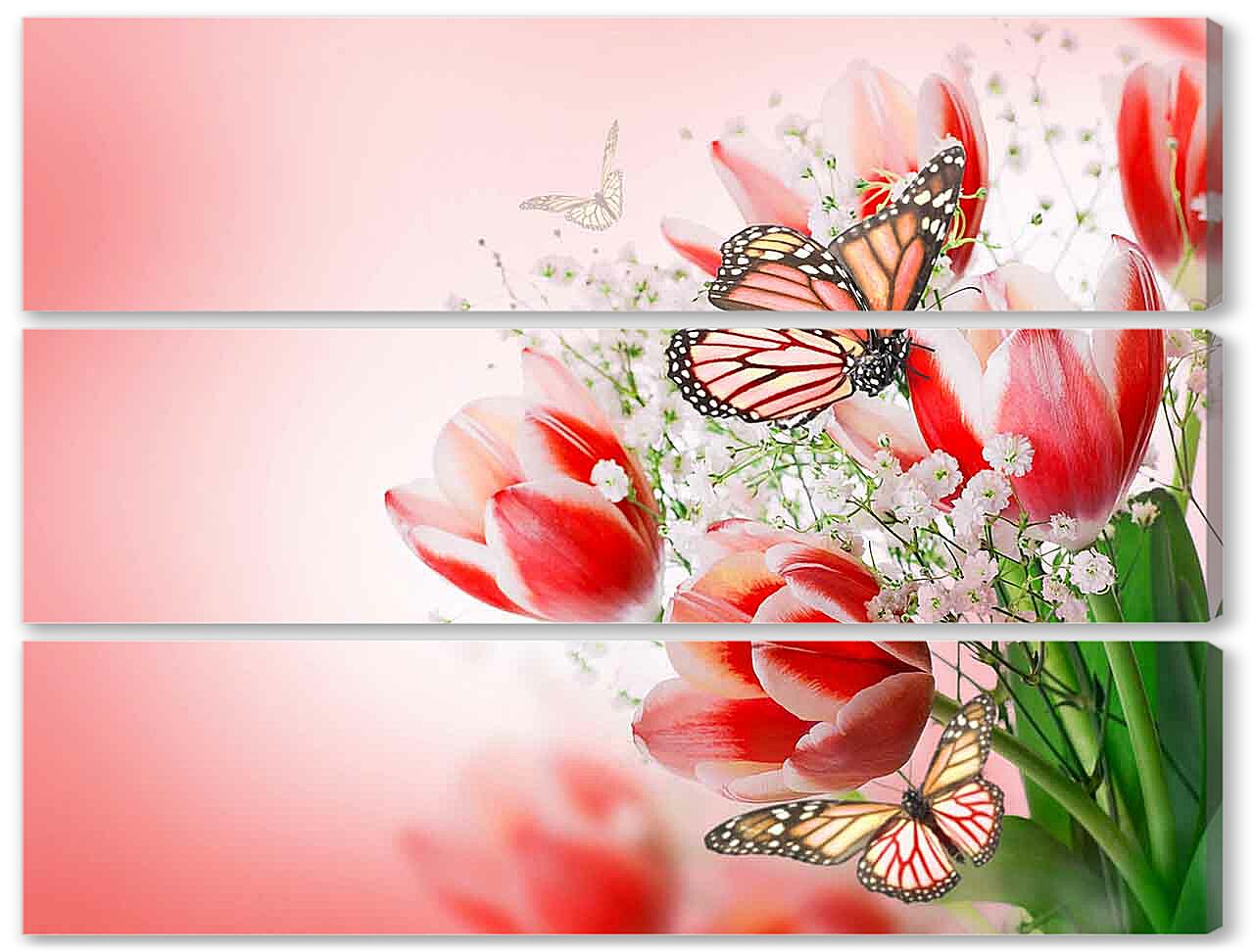 Модульная картина - Бабочки и тюльпаны 
