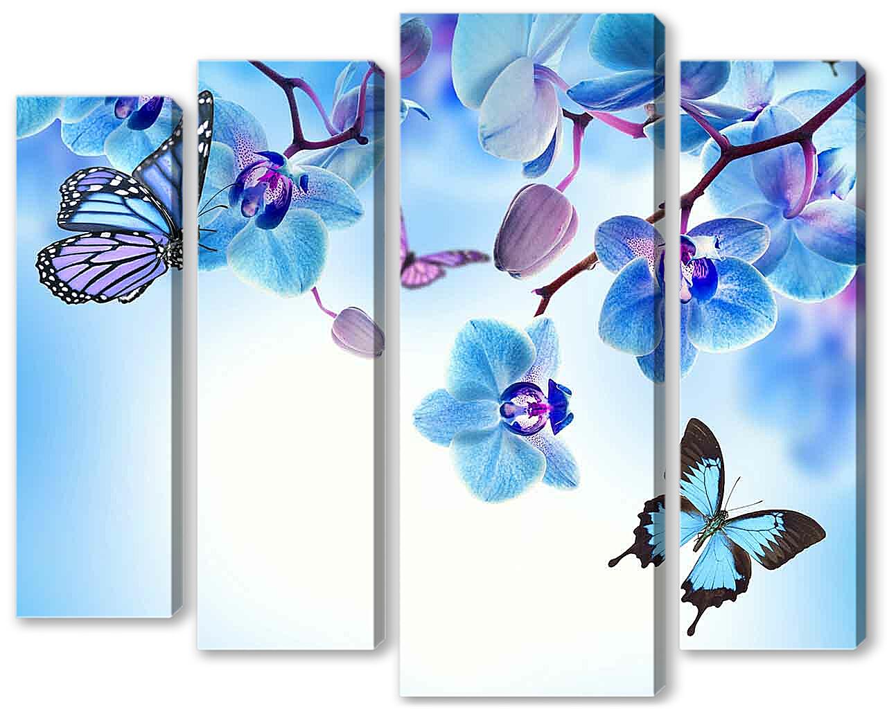 Модульная картина - Бабочки и голубые орхидеи 
