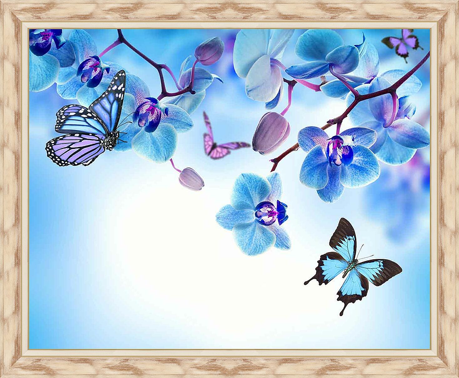 Картина - Бабочки и голубые орхидеи
