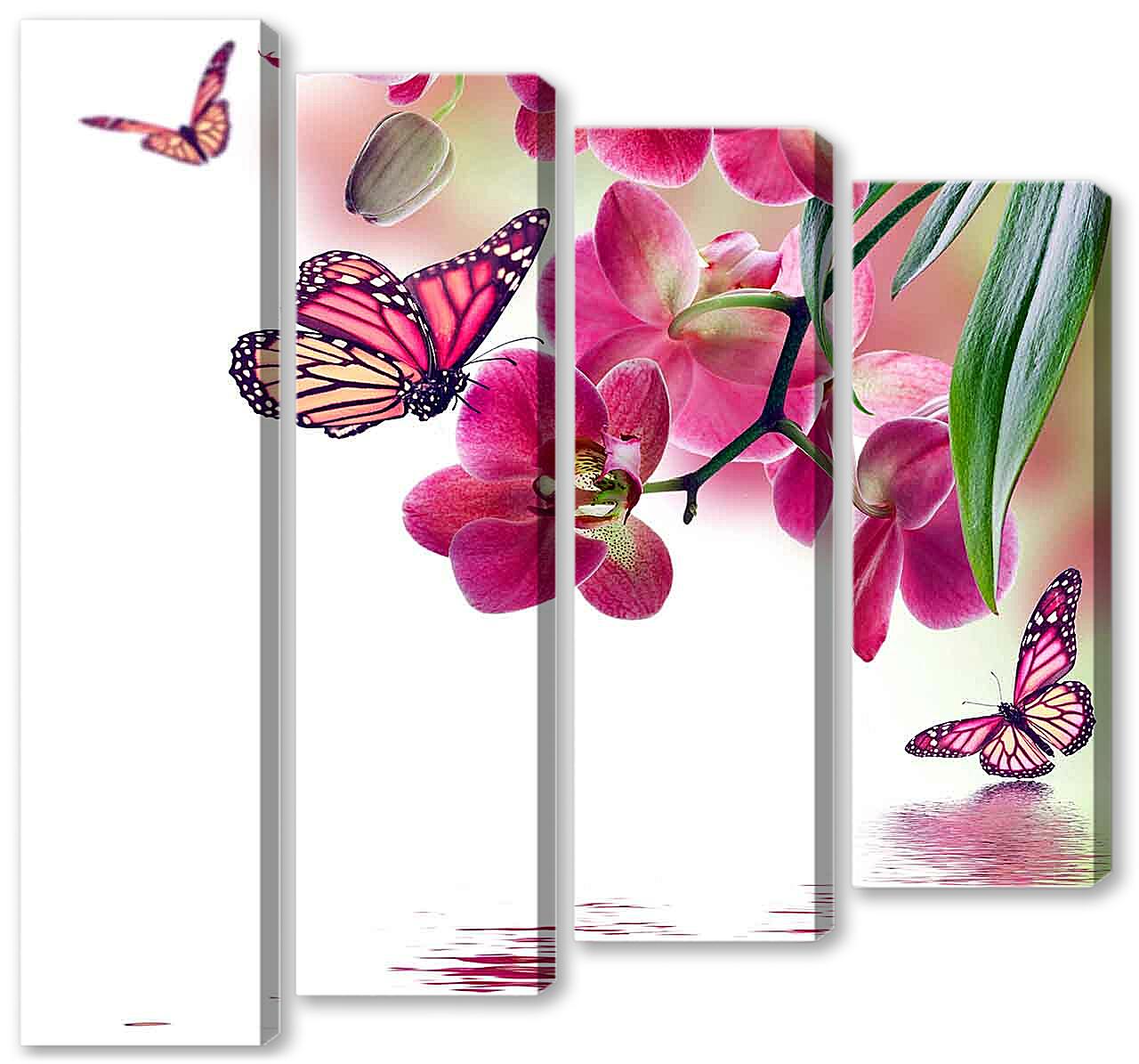 Модульная картина - Розовые бабочки и орхидеи 
