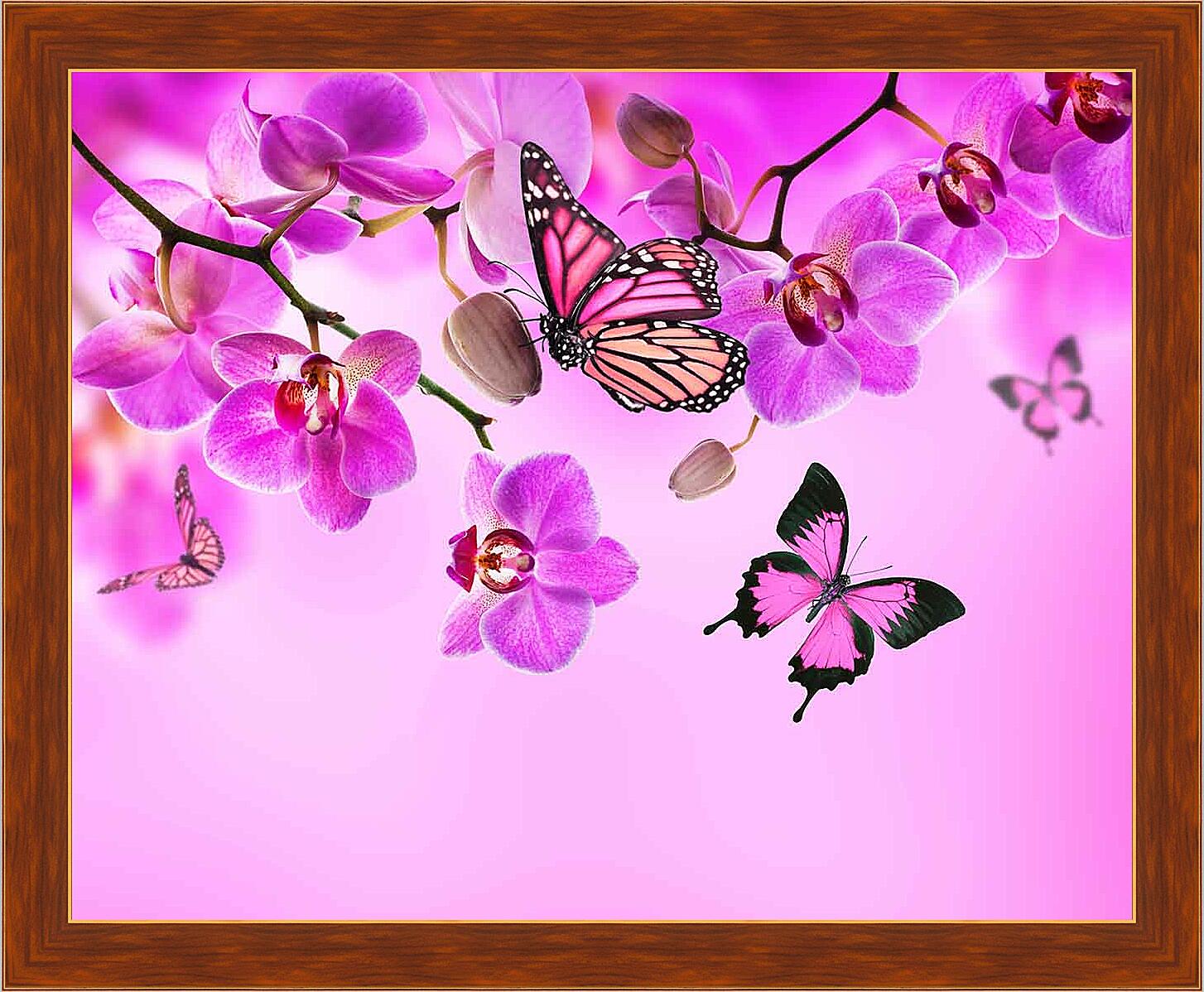 Картина - Розовые орхидеи и бабочки
