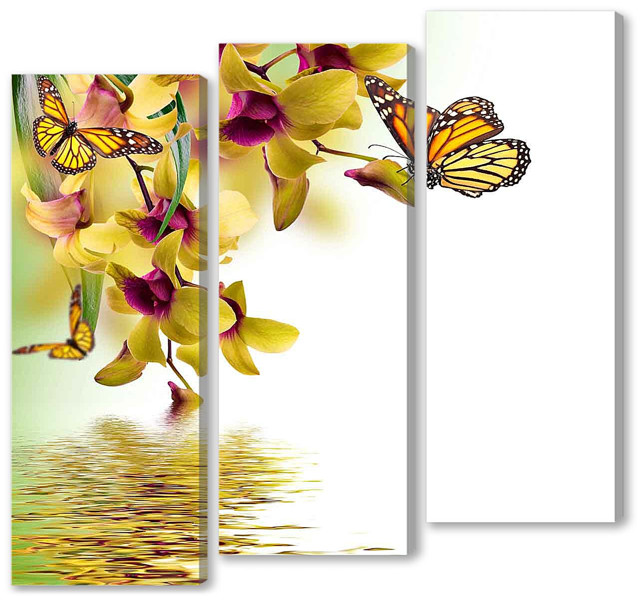 Модульная картина - Желтые орхидеи и бабочки

