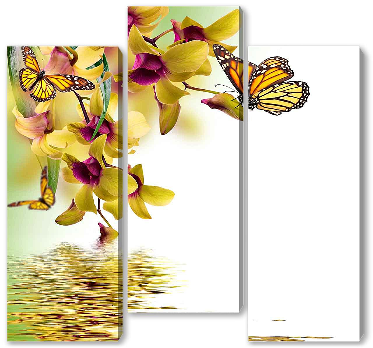 Модульная картина - Желтые орхидеи и бабочки 
