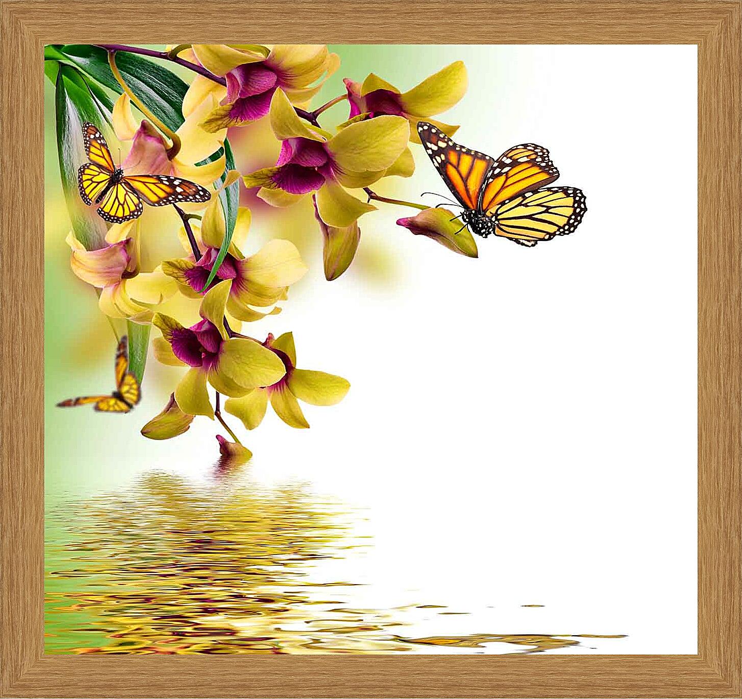 Картина - Желтые орхидеи и бабочки 
