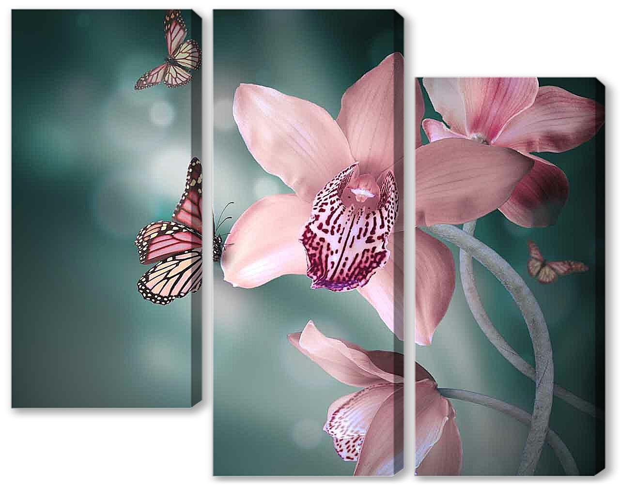 Модульная картина - Нежно-розовые цветы и бабочки 
