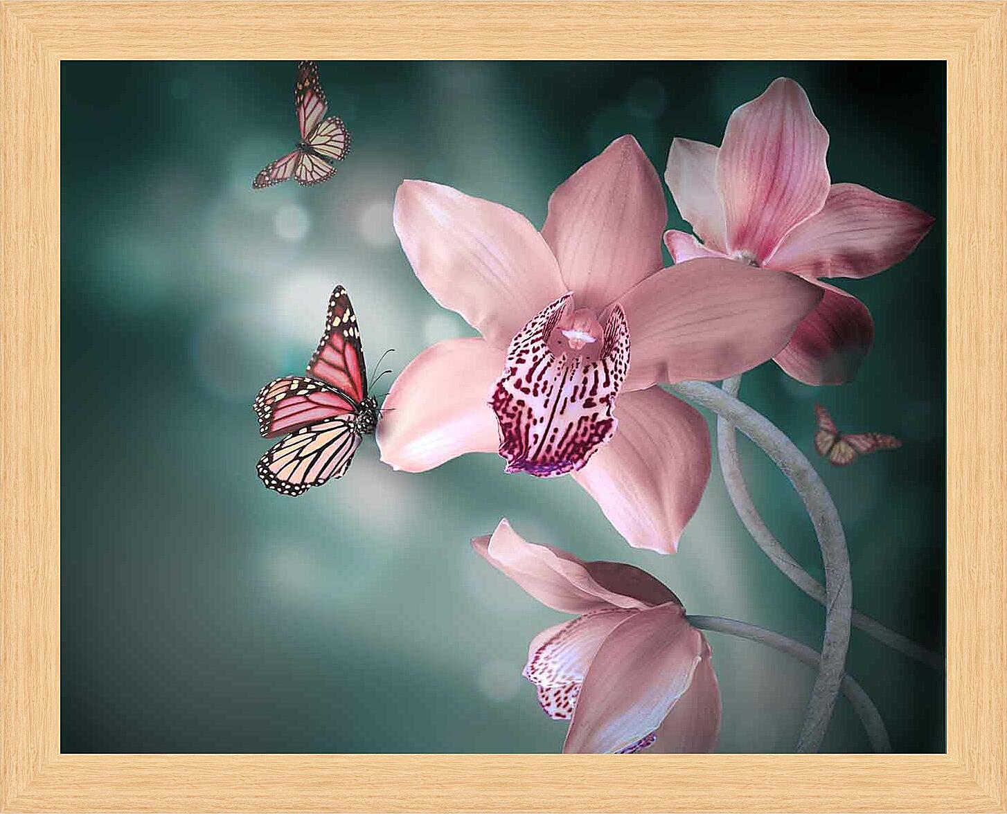 Картина - Нежно-розовые цветы и бабочки 
