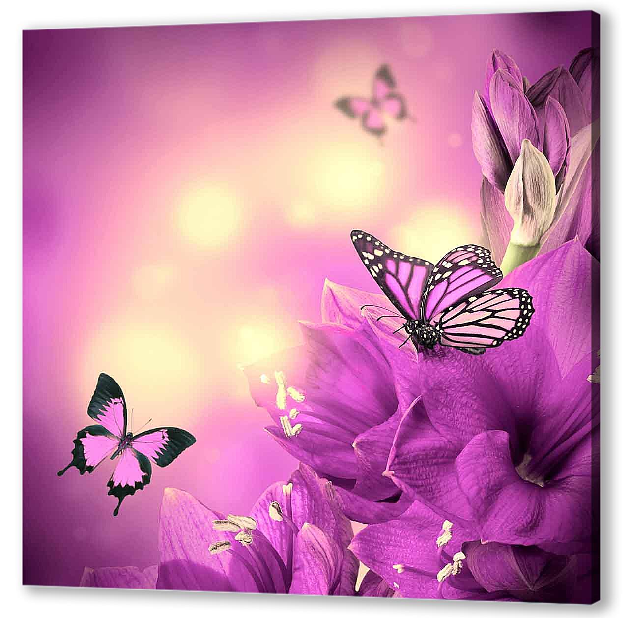 Картина маслом - Бабочки и сиреневые цветы 
