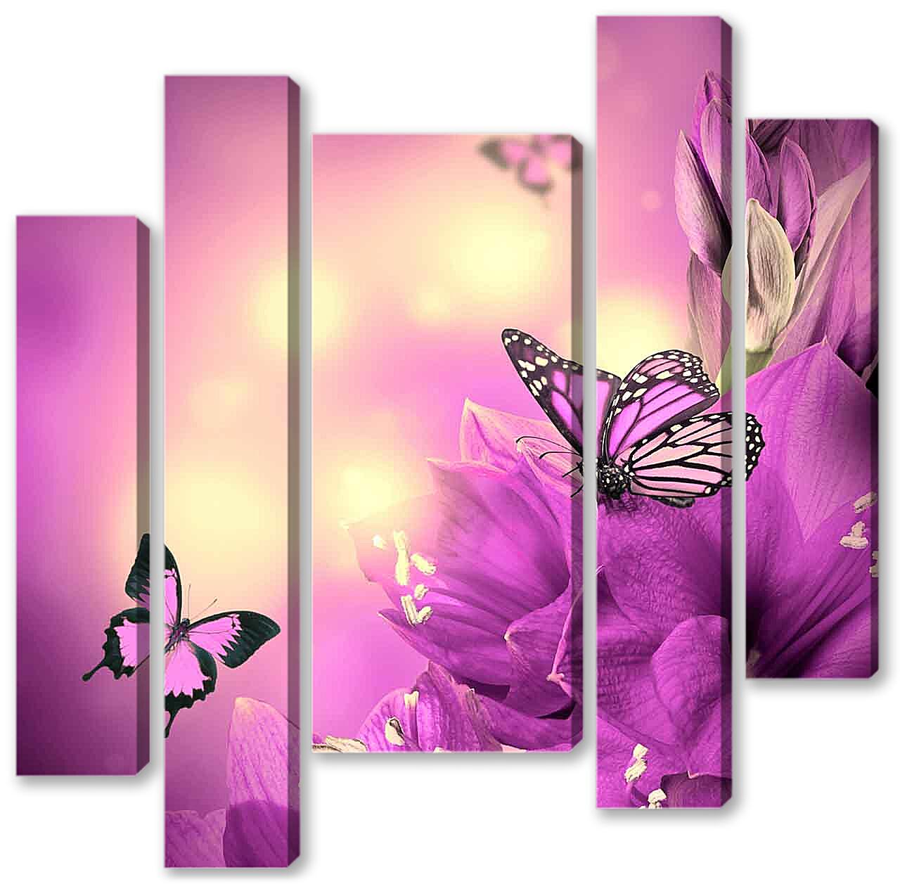 Модульная картина - Бабочки и сиреневые цветы 
