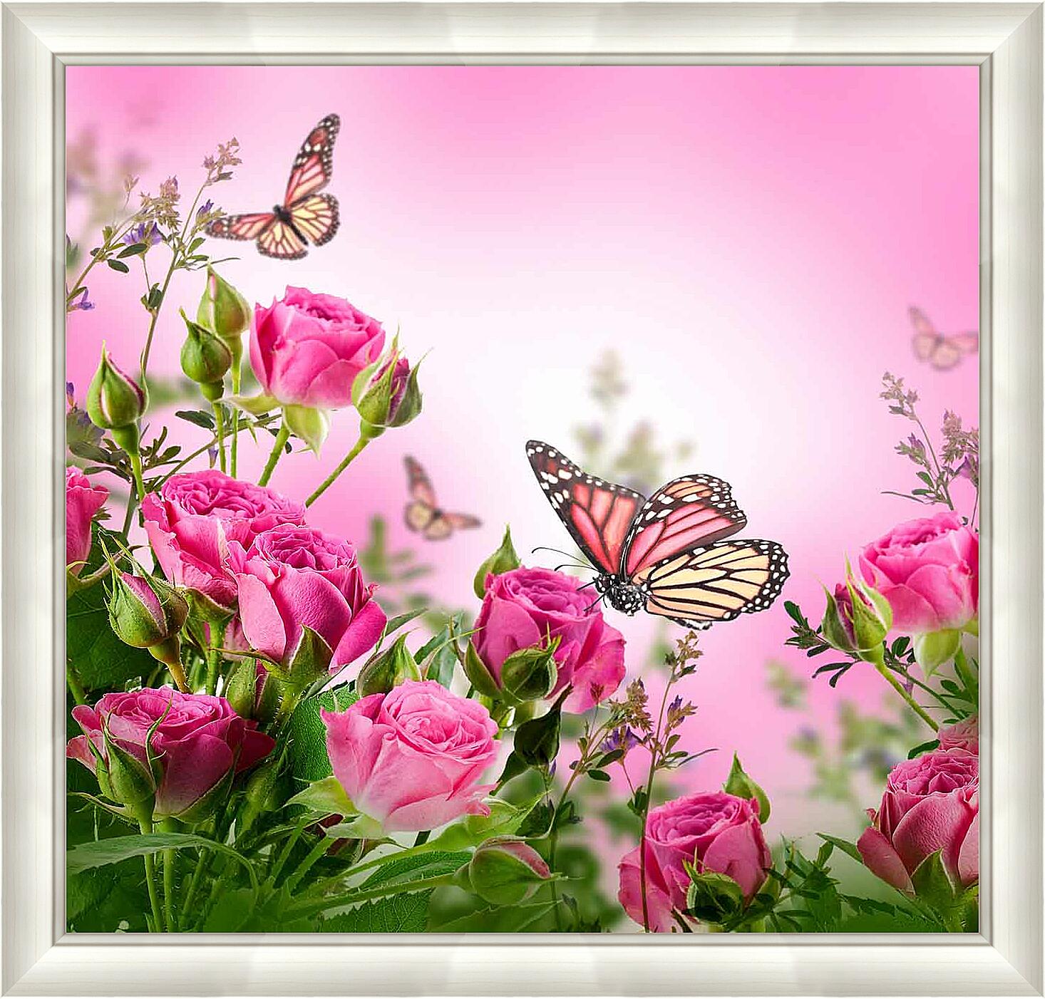 Картина - Бабочки и розы 
