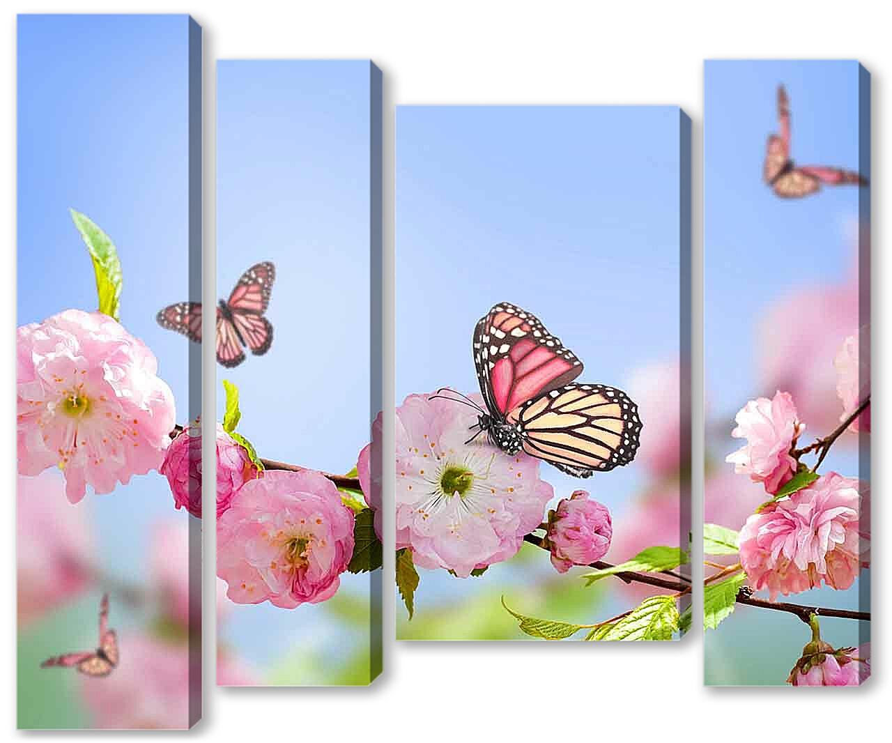 Модульная картина - Бабочки и розовые цветы 
