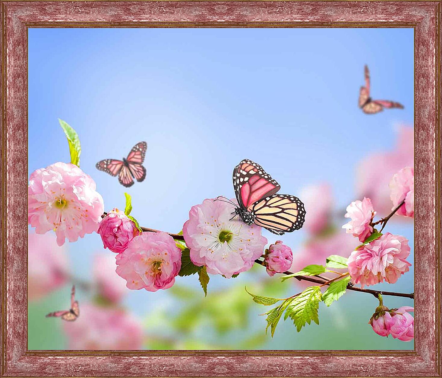 Картина - Бабочки и розовые цветы 
