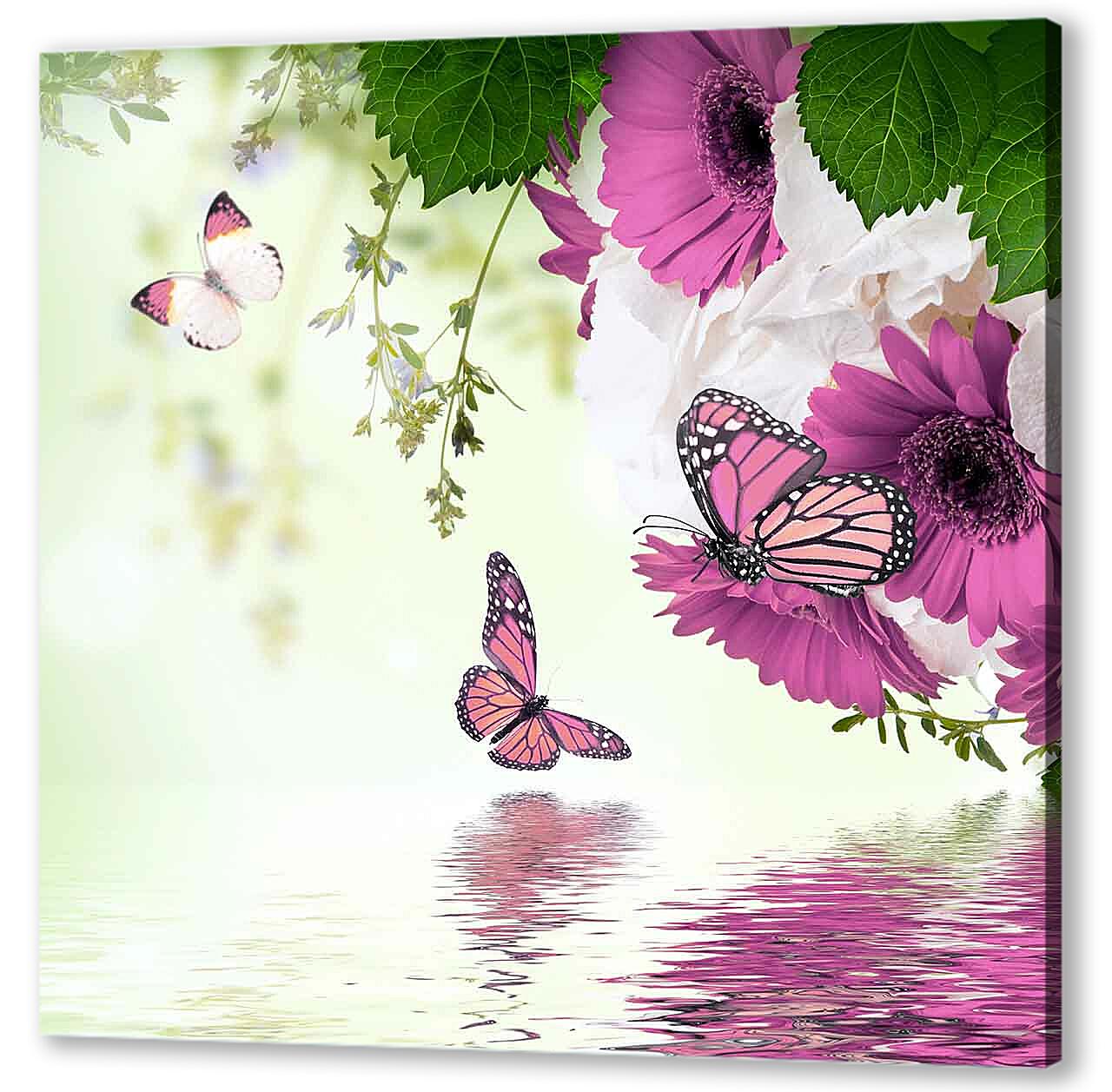 Картина маслом - Герберы и бабочки 
