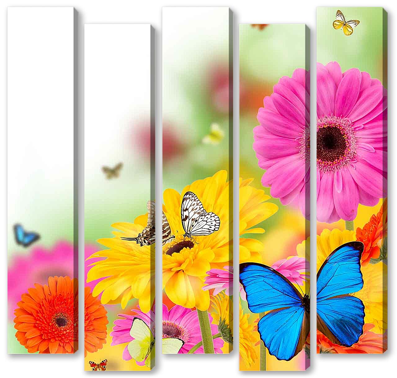 Модульная картина - Разноцветные бабочки и герберы 
