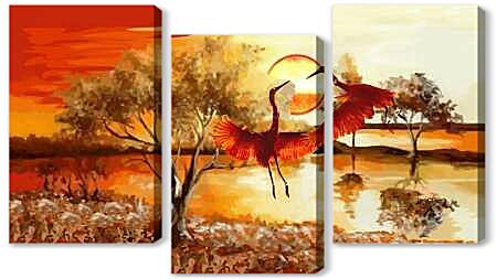 Модульная картина - Пара журавлей на закате