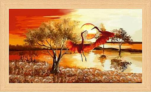 Картина - Пара журавлей на закате