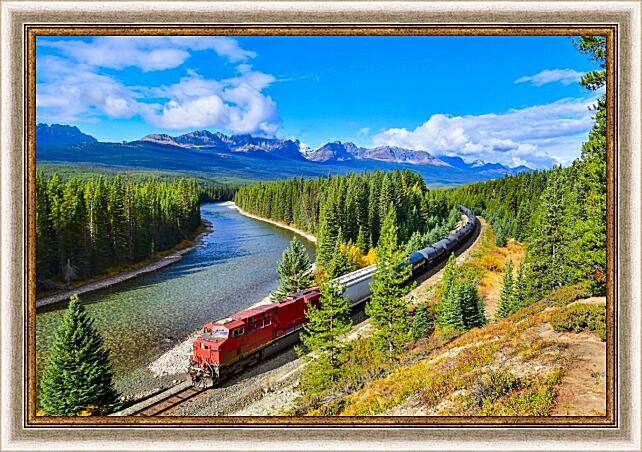 Картина - Поезд у берега горной реки