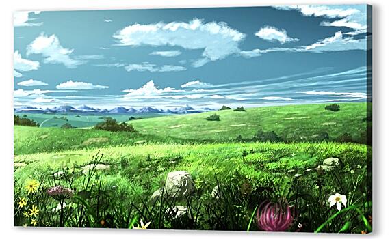 Картина маслом - Небо и цветы на лугу