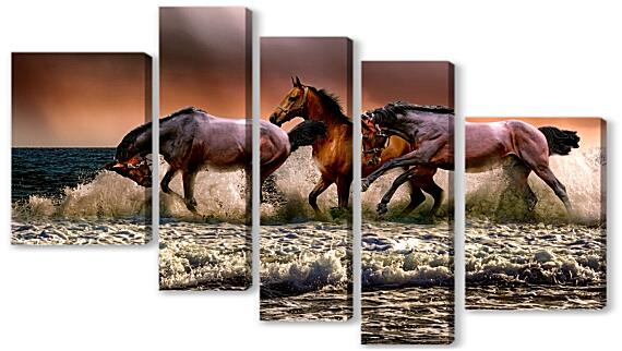 Модульная картина - Купание лошадей