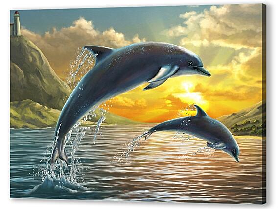 Картина маслом - Дельфины на закате