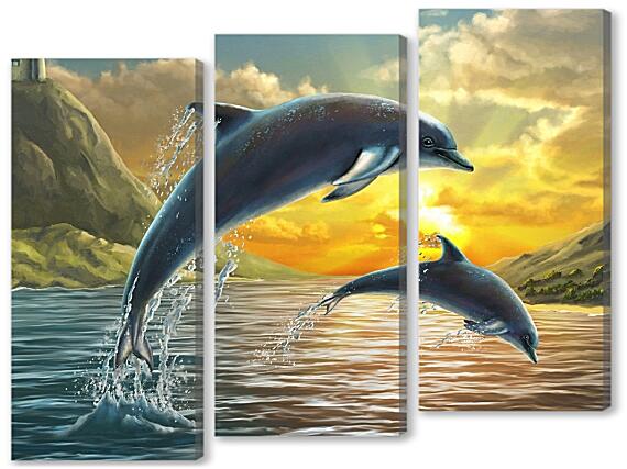 Модульная картина - Дельфины на закате