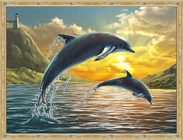 Картина - Дельфины на закате