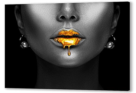 Картина маслом - Золотые губы на черном фоне
