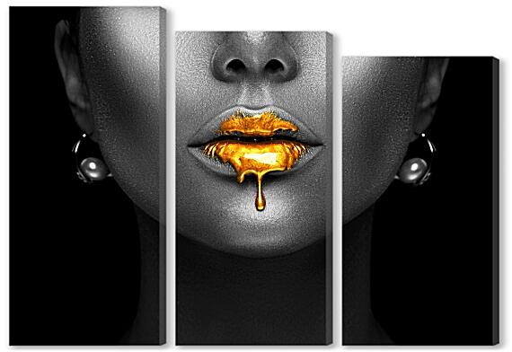 Модульная картина - Золотые губы на черном фоне
