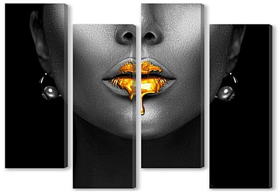 Модульная картина - Золотые губы на черном фоне