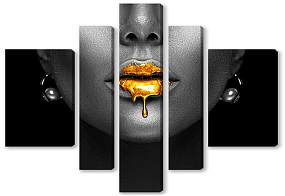 Модульная картина - Золотые губы на черном фоне
