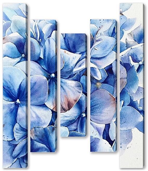 Модульная картина - Голубая гортензия акварель