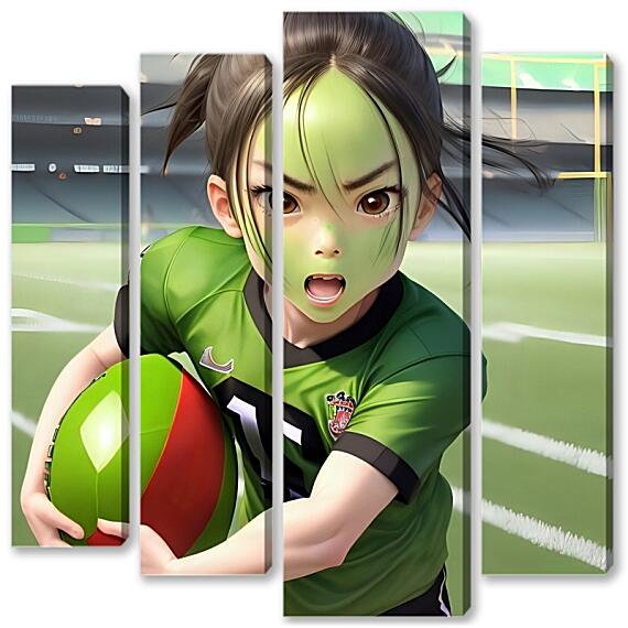 Модульная картина - Девочка с зеленым лицом играет в футбол