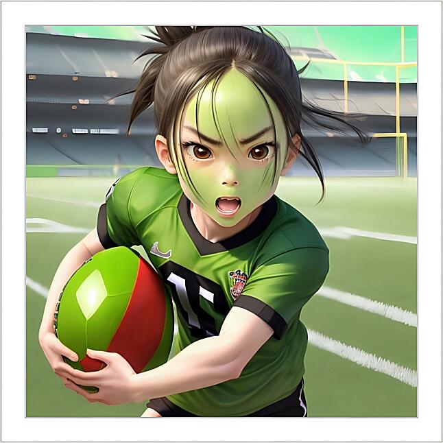 Картина - Девочка с зеленым лицом играет в футбол