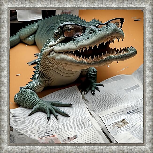 Картина - Крокодил в очках читает газету