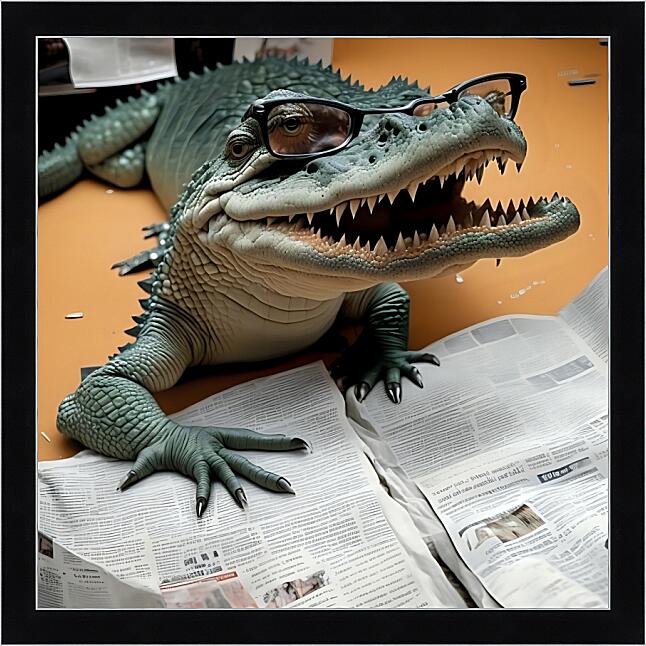 Картина - Крокодил в очках читает газету