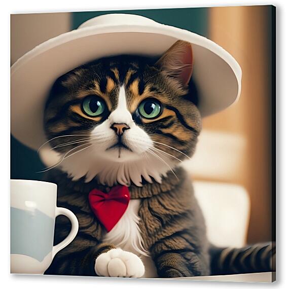 Картина маслом - Кот в шляпе с чашечкой чая