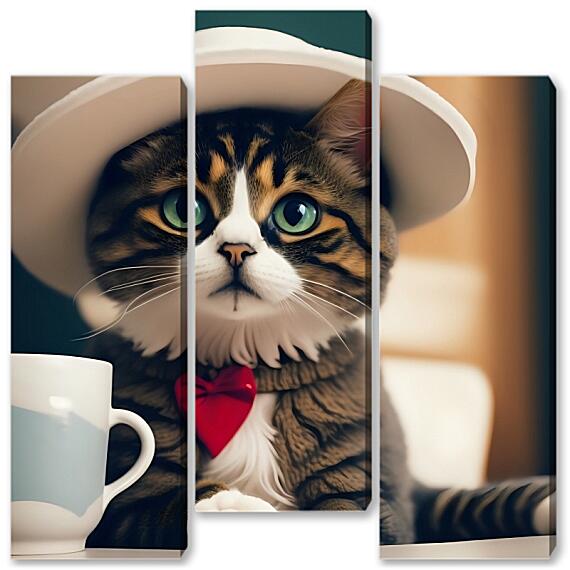 Модульная картина - Кот в шляпе с чашечкой чая