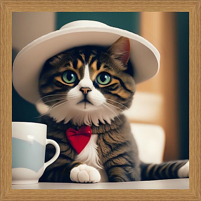 Картина - Кот в шляпе с чашечкой чая