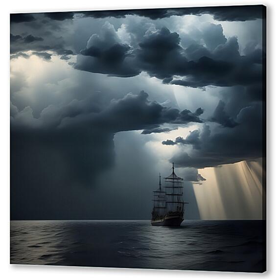 Картина маслом - Корабль в море и тучи