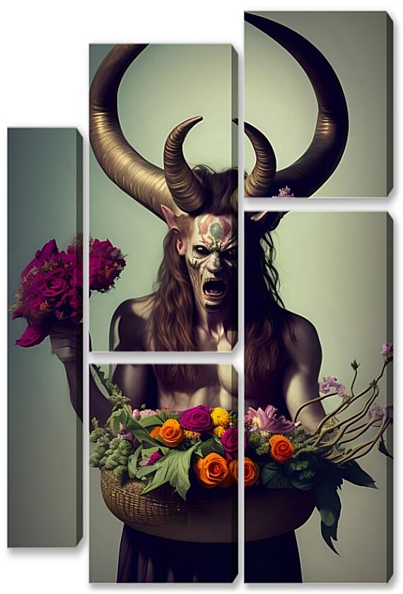 Модульная картина - Демон держит корзину с цветами