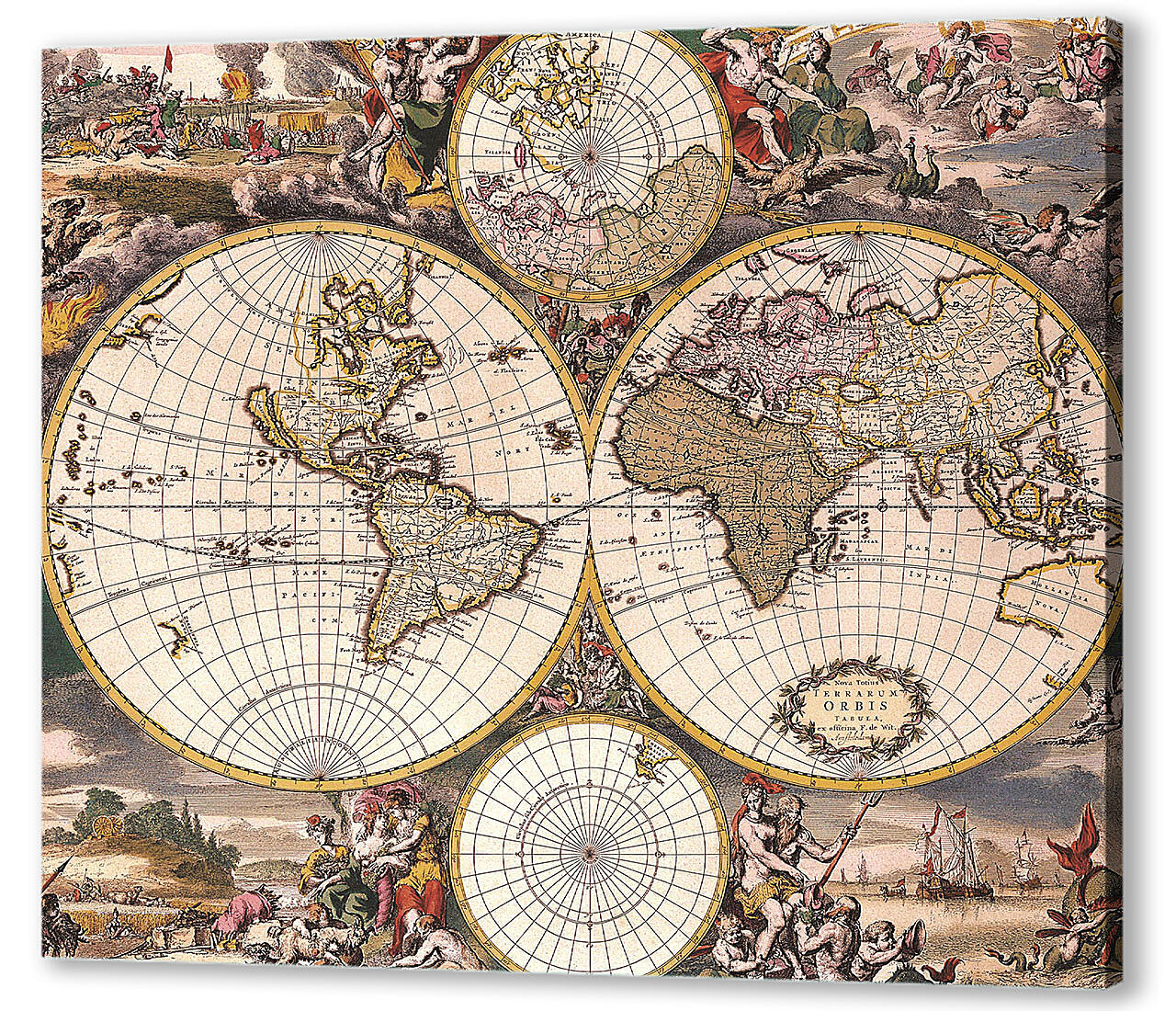 Постер (плакат) - Старая карта мира с иллюстрациями
