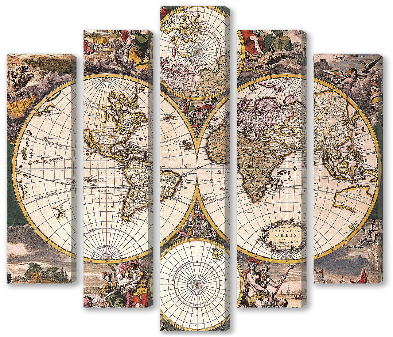 Модульная картина - Старая карта мира с иллюстрациями
