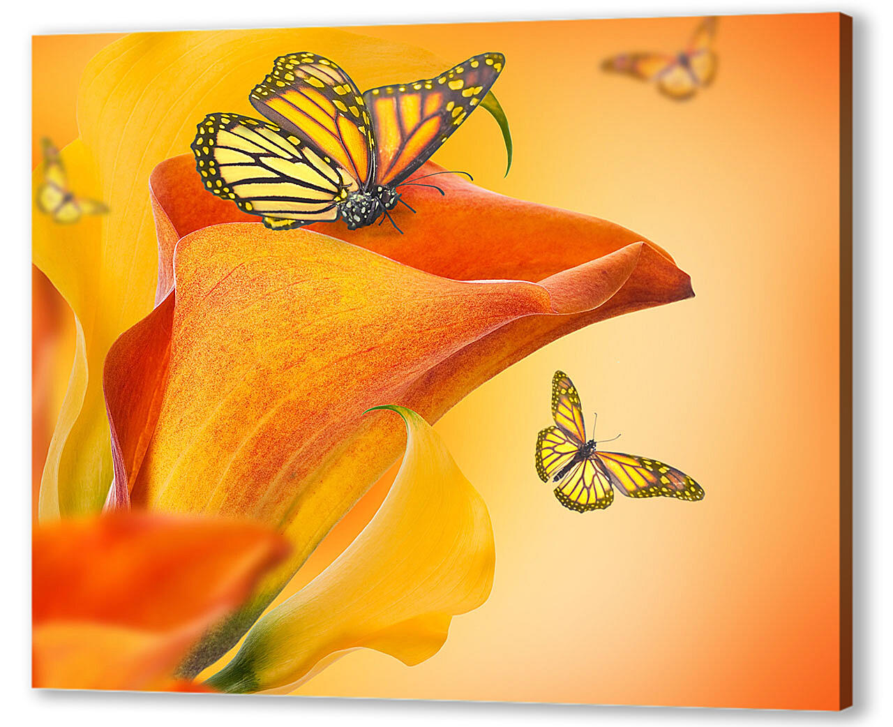Картина маслом - Бабочка опыляет цветок
