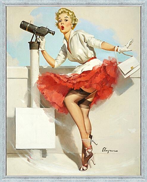 Картина - Блондинка в красной юбке и телескоп. Пин ап