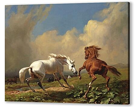 Картина маслом - Два коня и змея, встреча в степи.