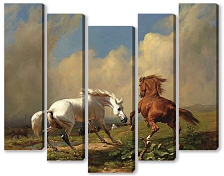 Модульная картина - Два коня и змея, встреча в степи.