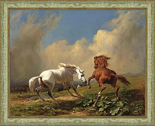 Картина - Два коня и змея, встреча в степи.