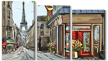 Модульная картина - Улицы парижа, Эйфелева башня.