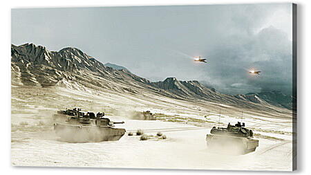 Картина маслом - battlefield, tanks, mountains