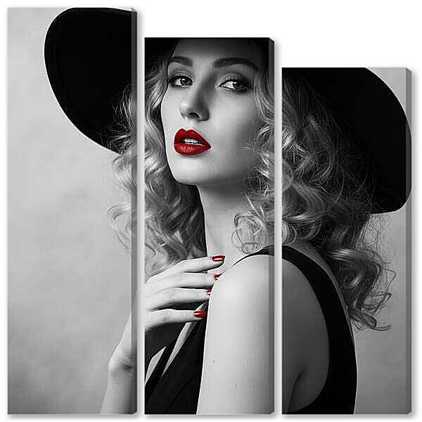 Модульная картина - Модель, чб постер с красными деталями