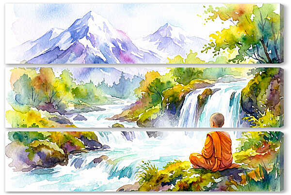Модульная картина - Монах на природе, акварель